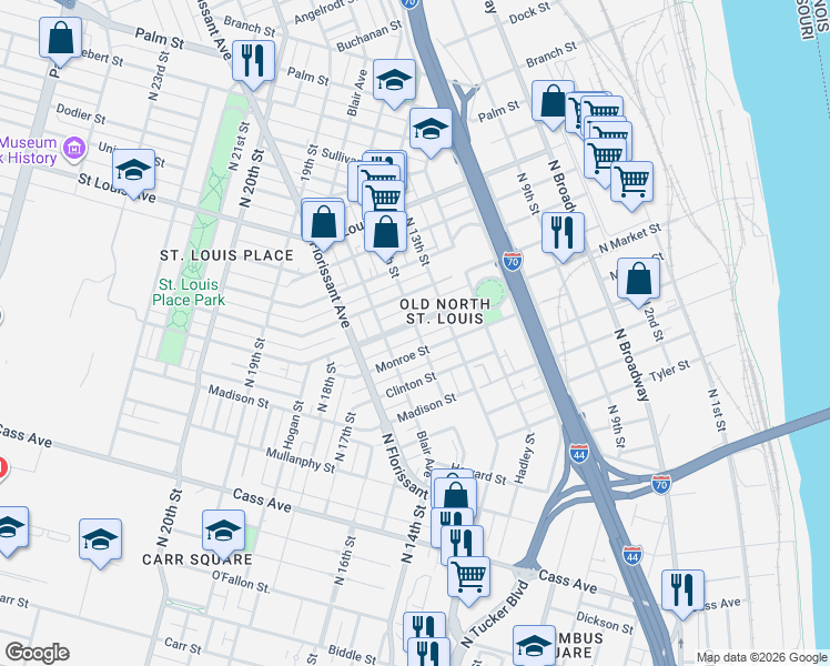 map of restaurants, bars, coffee shops, grocery stores, and more near 2323 North 14th Street in St. Louis