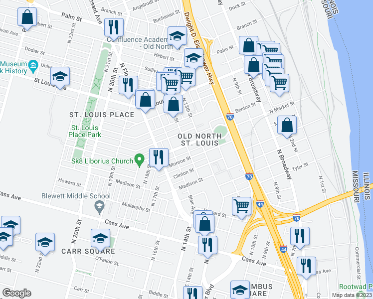 map of restaurants, bars, coffee shops, grocery stores, and more near 2323 North 14th Street in St. Louis
