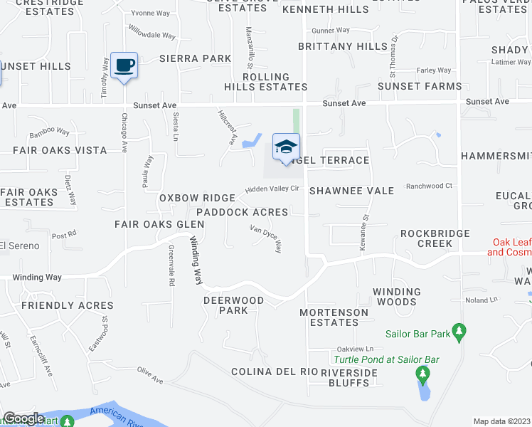 map of restaurants, bars, coffee shops, grocery stores, and more near 8440 Ranchita Way in Fair Oaks