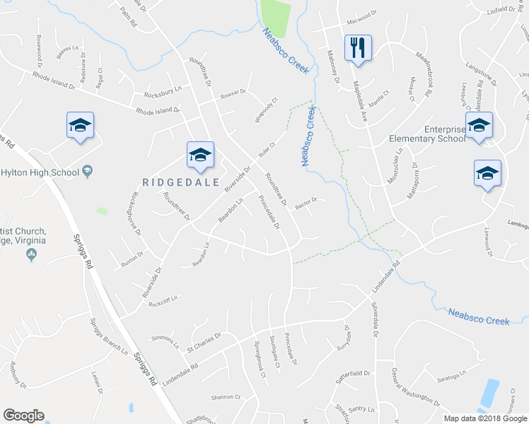 map of restaurants, bars, coffee shops, grocery stores, and more near 13580 Princedale Drive in Woodbridge
