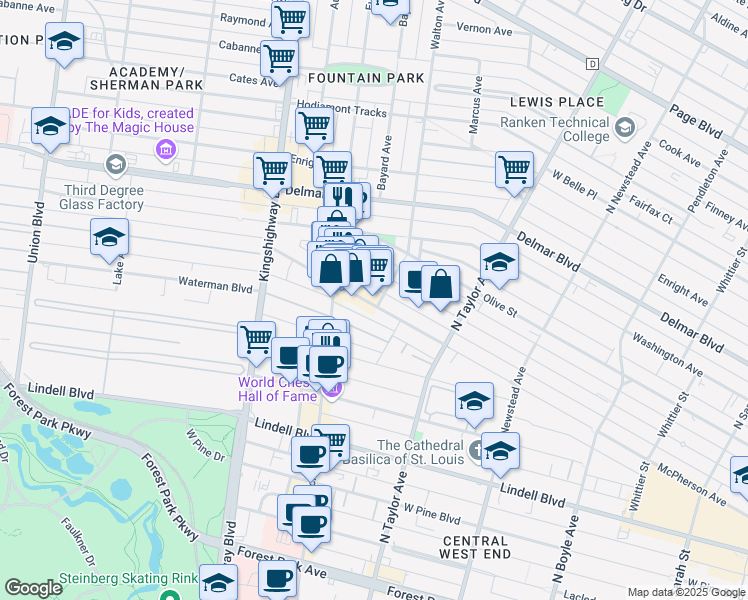 map of restaurants, bars, coffee shops, grocery stores, and more near 4704 McPherson Avenue in St. Louis