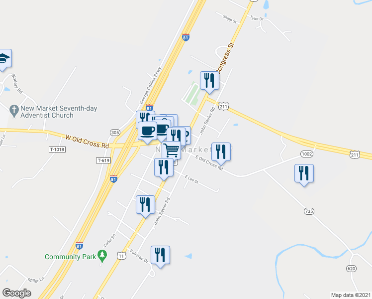map of restaurants, bars, coffee shops, grocery stores, and more near 112 West Old Cross Road in New Market