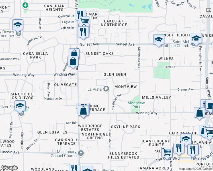map of restaurants, bars, coffee shops, grocery stores, and more near 4501 Bannister Road in Fair Oaks
