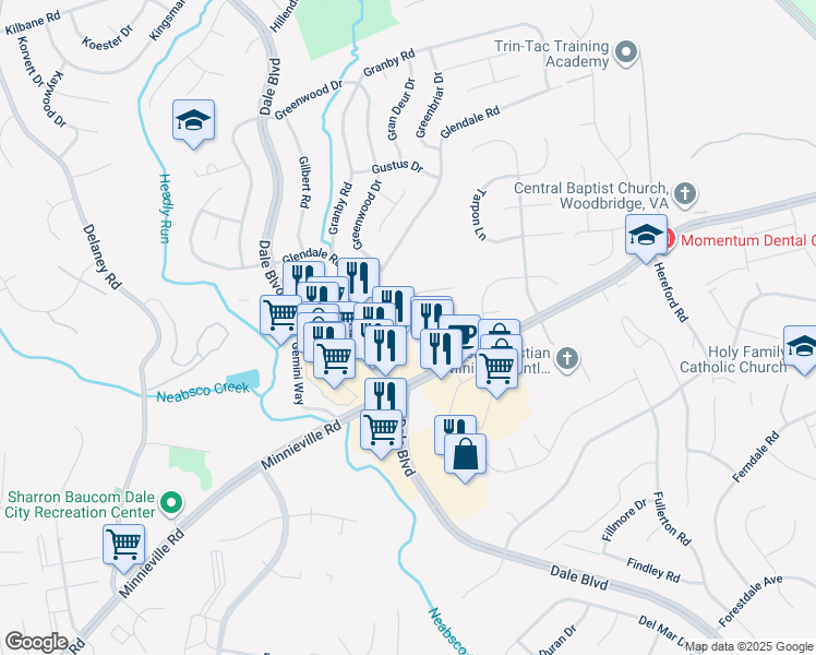 map of restaurants, bars, coffee shops, grocery stores, and more near 4227 Gibson Court in Woodbridge