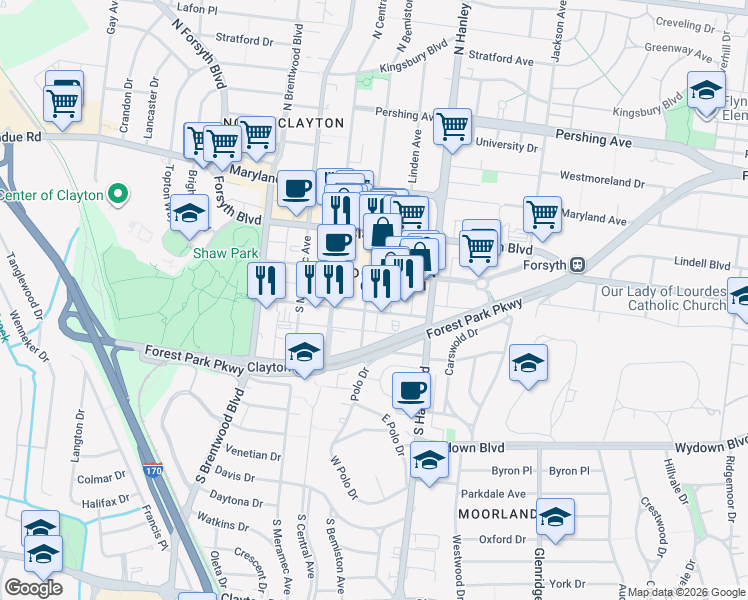 map of restaurants, bars, coffee shops, grocery stores, and more near 7800 Bonhomme Avenue in Clayton
