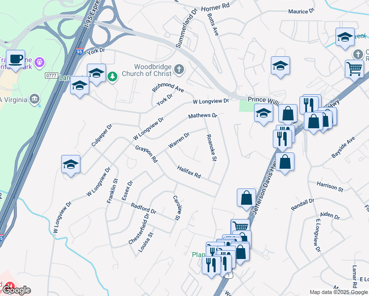 map of restaurants, bars, coffee shops, grocery stores, and more near 14005 Giles Street in Woodbridge