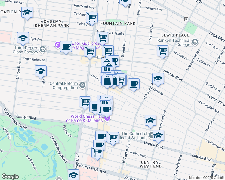 map of restaurants, bars, coffee shops, grocery stores, and more near 29 Lenox Place in St. Louis