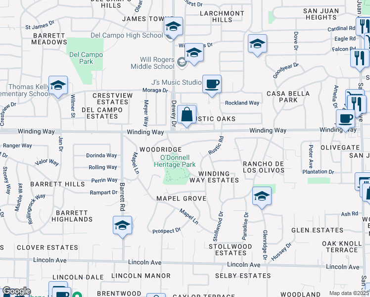 map of restaurants, bars, coffee shops, grocery stores, and more near 4566 Charleston Drive in Carmichael