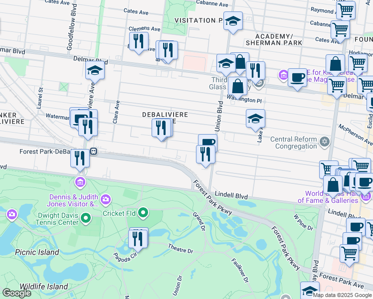 map of restaurants, bars, coffee shops, grocery stores, and more near 5350 Pershing Avenue in St. Louis