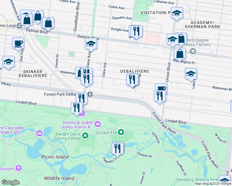 map of restaurants, bars, coffee shops, grocery stores, and more near 5528 Pershing Avenue in St. Louis