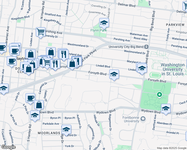 map of restaurants, bars, coffee shops, grocery stores, and more near 7261 Northmoor Drive in St. Louis