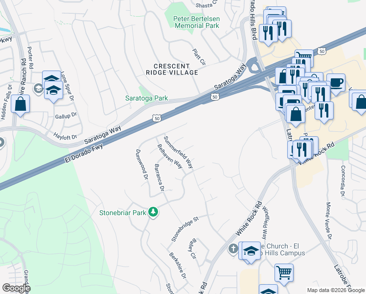 map of restaurants, bars, coffee shops, grocery stores, and more near 7987 Belhaven Way in El Dorado Hills