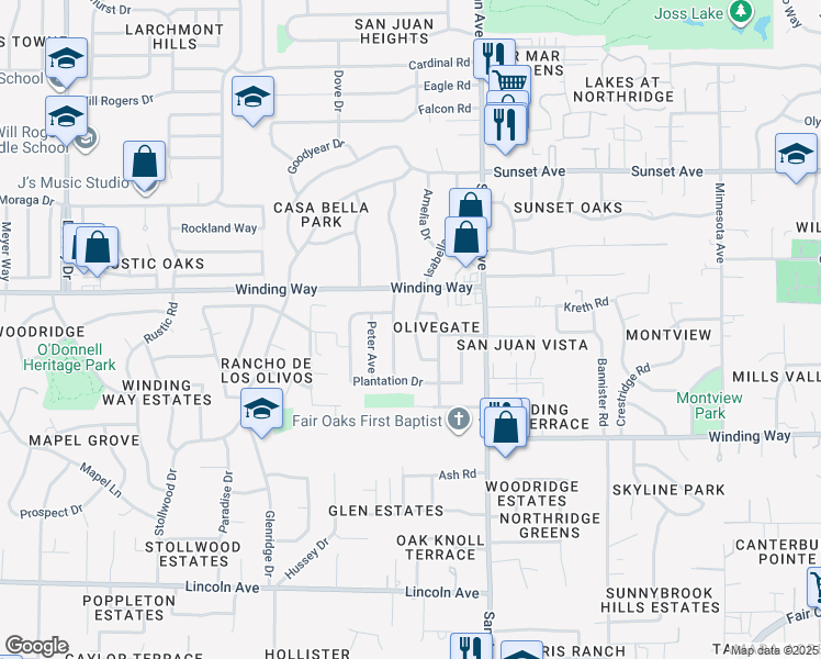 map of restaurants, bars, coffee shops, grocery stores, and more near 4528 Olivegate Drive in Fair Oaks