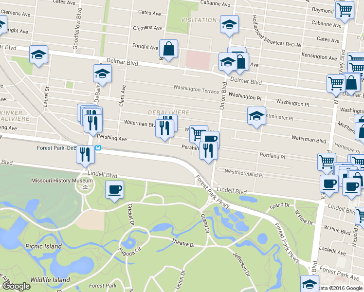 map of restaurants, bars, coffee shops, grocery stores, and more near 5370 Pershing Avenue in St. Louis