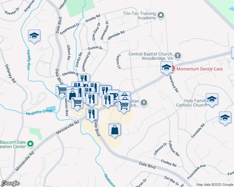 map of restaurants, bars, coffee shops, grocery stores, and more near 4088 Croaker Lane in Woodbridge
