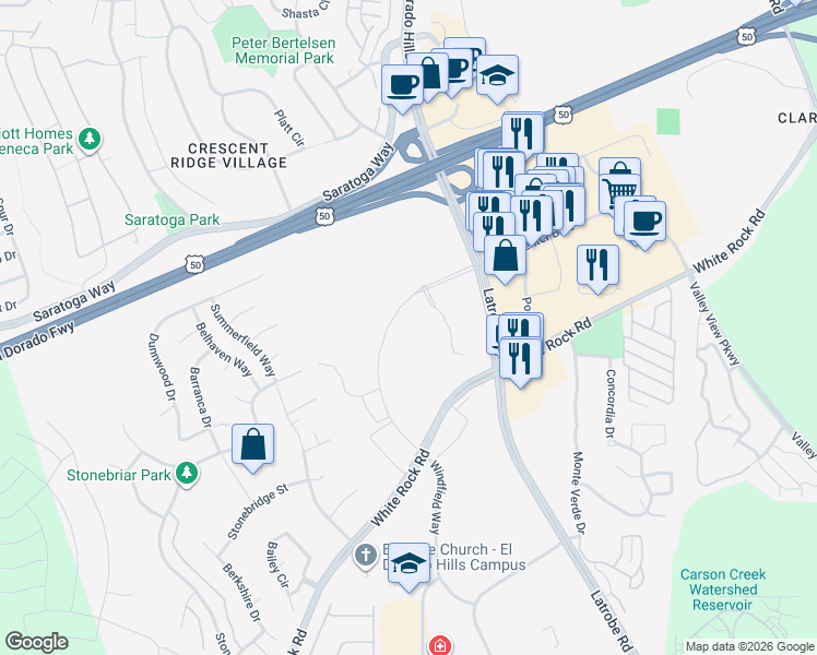 map of restaurants, bars, coffee shops, grocery stores, and more near 4240 Town Center Boulevard in El Dorado Hills