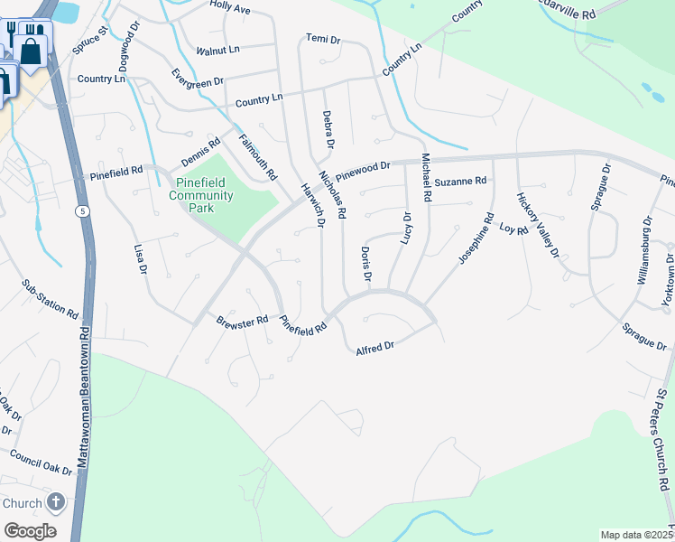 map of restaurants, bars, coffee shops, grocery stores, and more near 5026 Nicholas Road in Waldorf