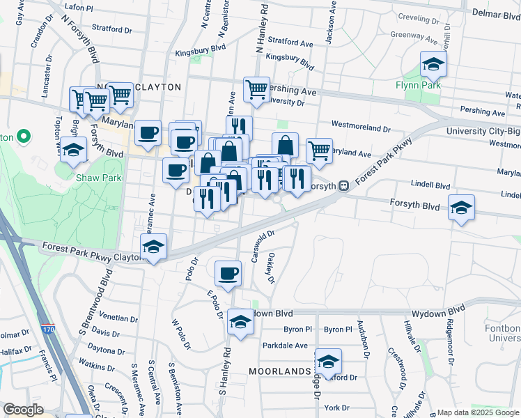 map of restaurants, bars, coffee shops, grocery stores, and more near 190 Carondelet Plaza in Clayton