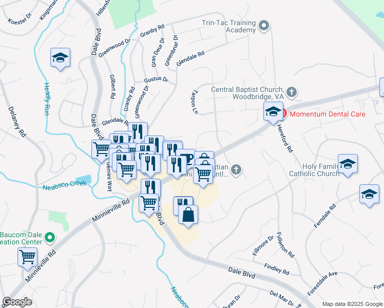 map of restaurants, bars, coffee shops, grocery stores, and more near 4088 Croaker Lane in Woodbridge