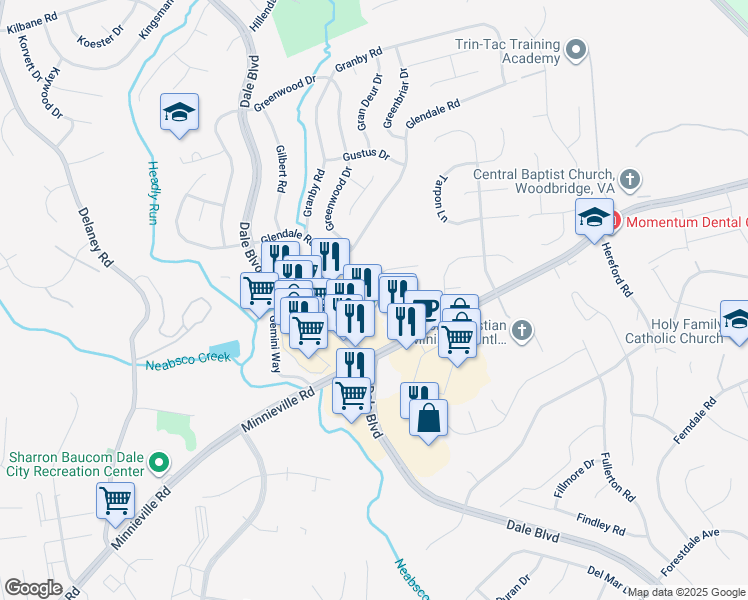 map of restaurants, bars, coffee shops, grocery stores, and more near 4231 Gibson Court in Woodbridge