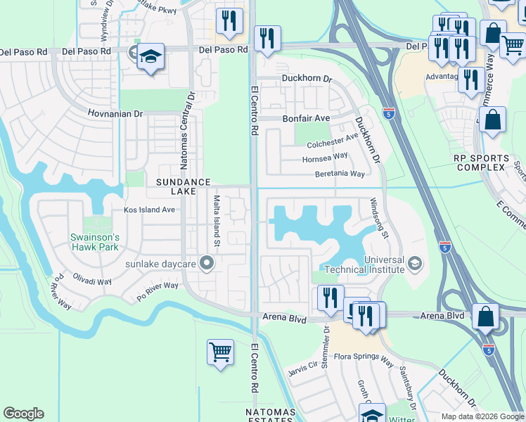 map of restaurants, bars, coffee shops, grocery stores, and more near 4566 Windsong Street in Sacramento