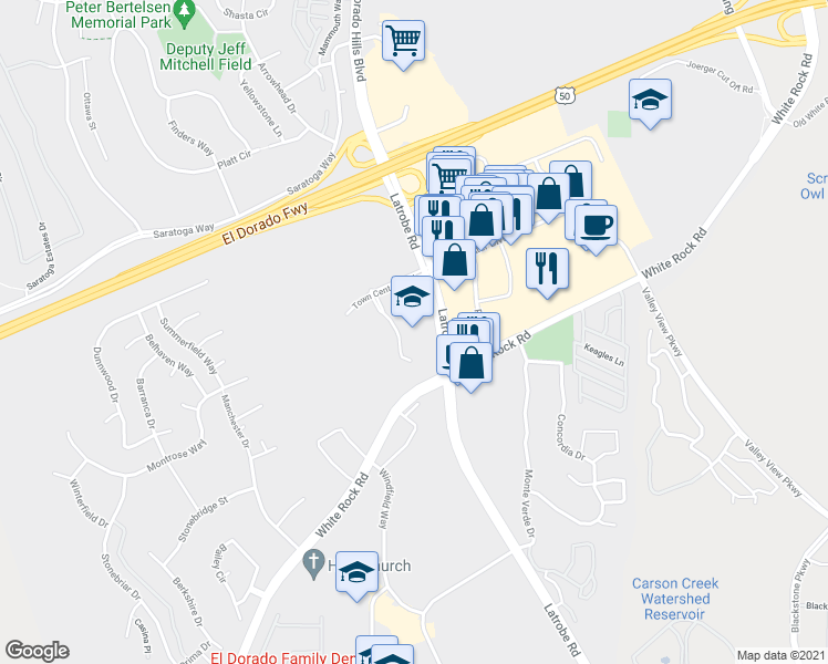 map of restaurants, bars, coffee shops, grocery stores, and more near 4250 Town Center Boulevard in El Dorado Hills