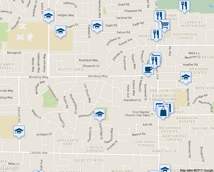 map of restaurants, bars, coffee shops, grocery stores, and more near 4621 Ladera Way in Carmichael