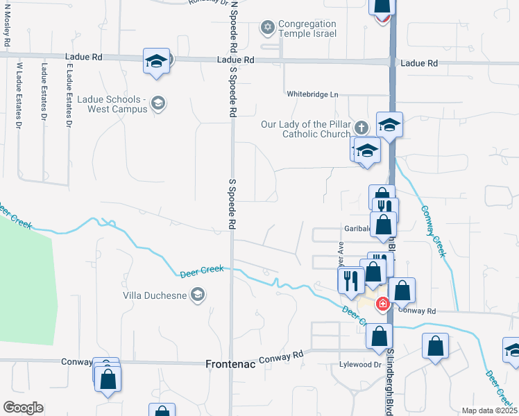 map of restaurants, bars, coffee shops, grocery stores, and more near 24 Chaminade Drive in St. Louis