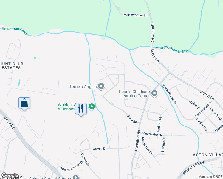 map of restaurants, bars, coffee shops, grocery stores, and more near 2326 Rolling Meadows Street in Waldorf