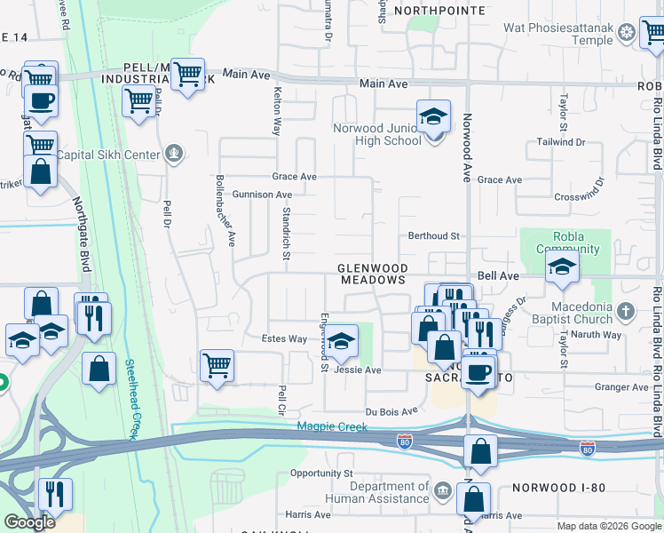 map of restaurants, bars, coffee shops, grocery stores, and more near 4391 Englewood Street in Sacramento