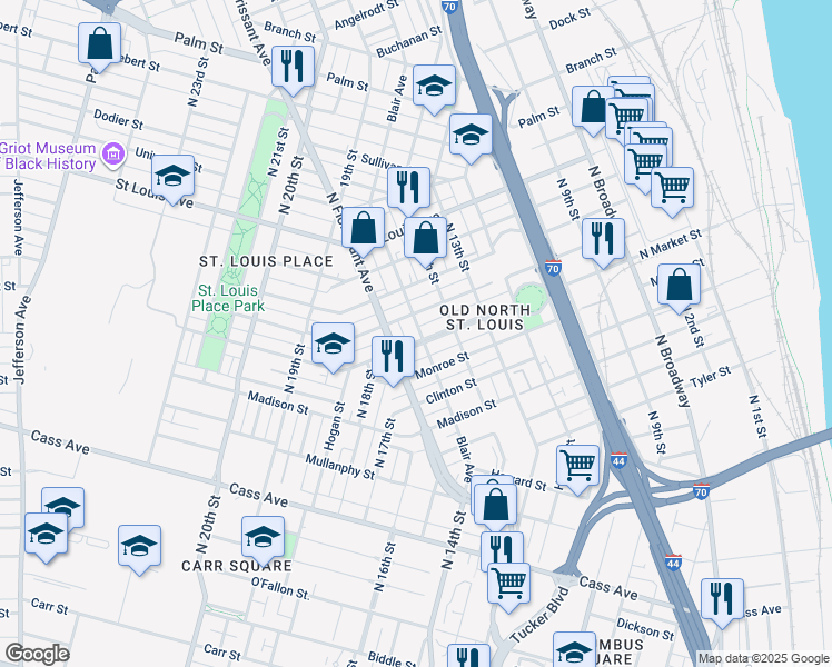 map of restaurants, bars, coffee shops, grocery stores, and more near 1446 North Market Street in St. Louis