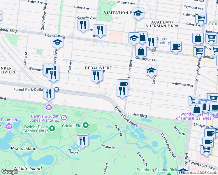map of restaurants, bars, coffee shops, grocery stores, and more near 5370 Pershing Avenue in St. Louis