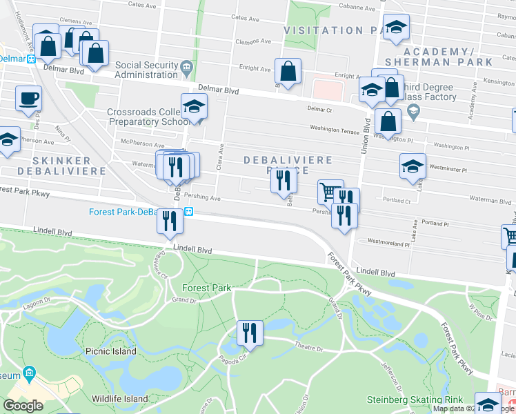 map of restaurants, bars, coffee shops, grocery stores, and more near 5536 Pershing Avenue in St. Louis