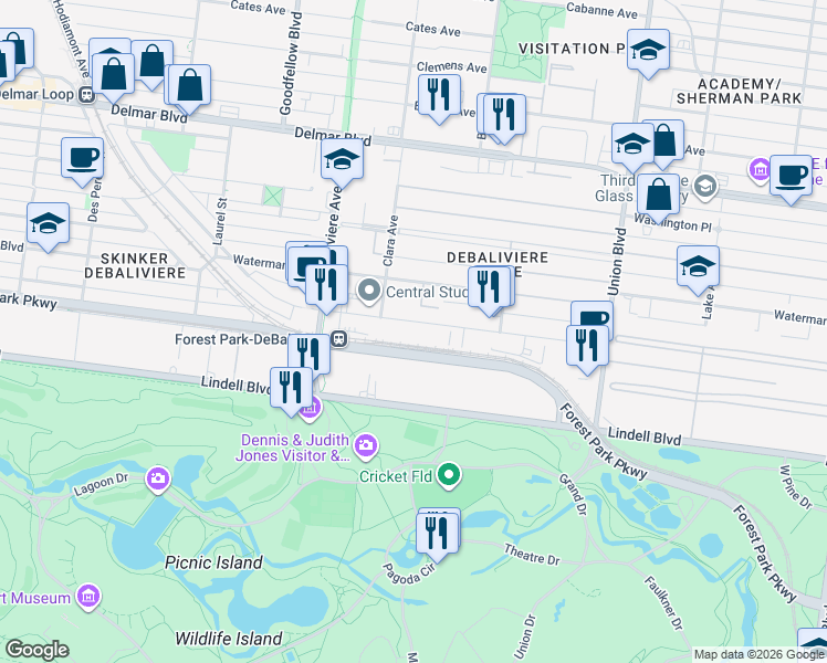 map of restaurants, bars, coffee shops, grocery stores, and more near 5574 Pershing Avenue in St. Louis