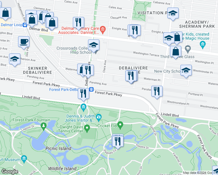 map of restaurants, bars, coffee shops, grocery stores, and more near 5574 Pershing Avenue in St. Louis