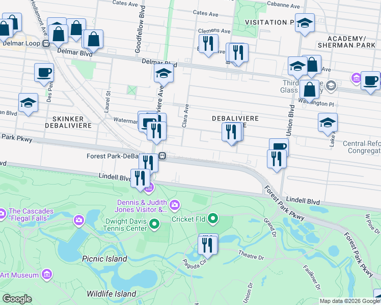map of restaurants, bars, coffee shops, grocery stores, and more near 5574 Pershing Avenue in St. Louis