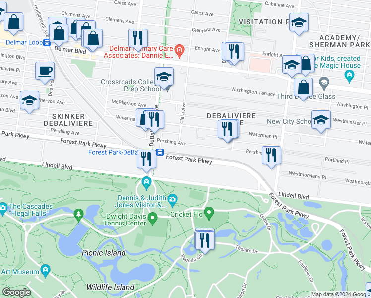 map of restaurants, bars, coffee shops, grocery stores, and more near 5574 Pershing Avenue in St. Louis