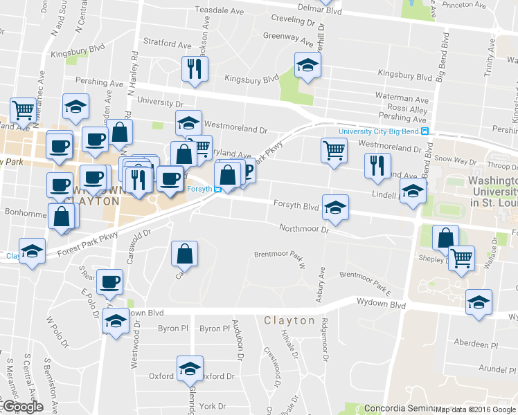 map of restaurants, bars, coffee shops, grocery stores, and more near 7310 Forsyth Boulevard in St. Louis