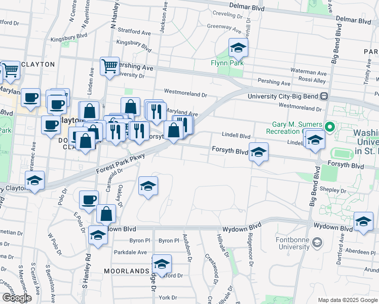 map of restaurants, bars, coffee shops, grocery stores, and more near 7343 Northmoor Drive in St. Louis
