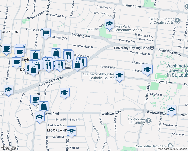 map of restaurants, bars, coffee shops, grocery stores, and more near 7307 Northmoor Drive in St. Louis