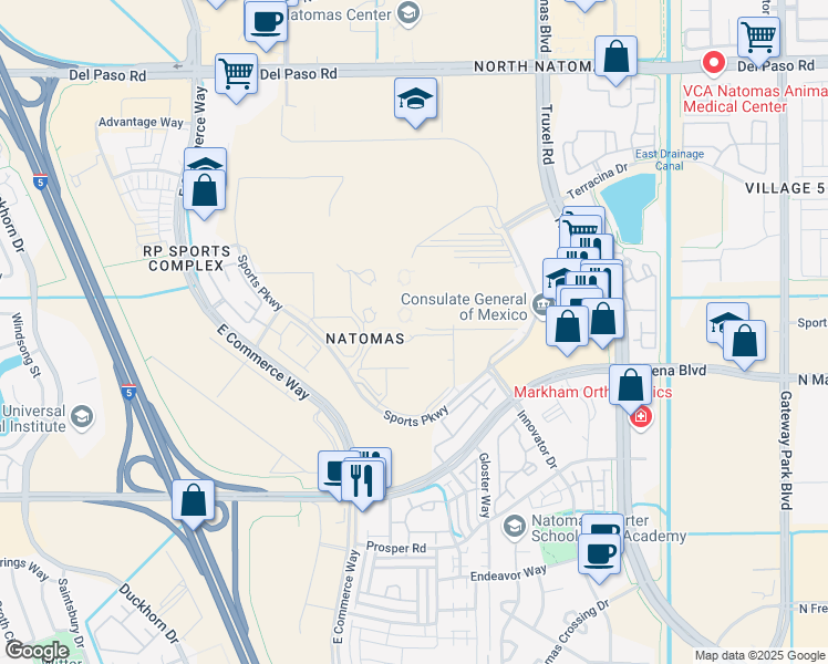 map of restaurants, bars, coffee shops, grocery stores, and more near 1 Sports Parkway in Sacramento