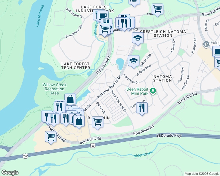 map of restaurants, bars, coffee shops, grocery stores, and more near 112 Brightstone Circle in Folsom