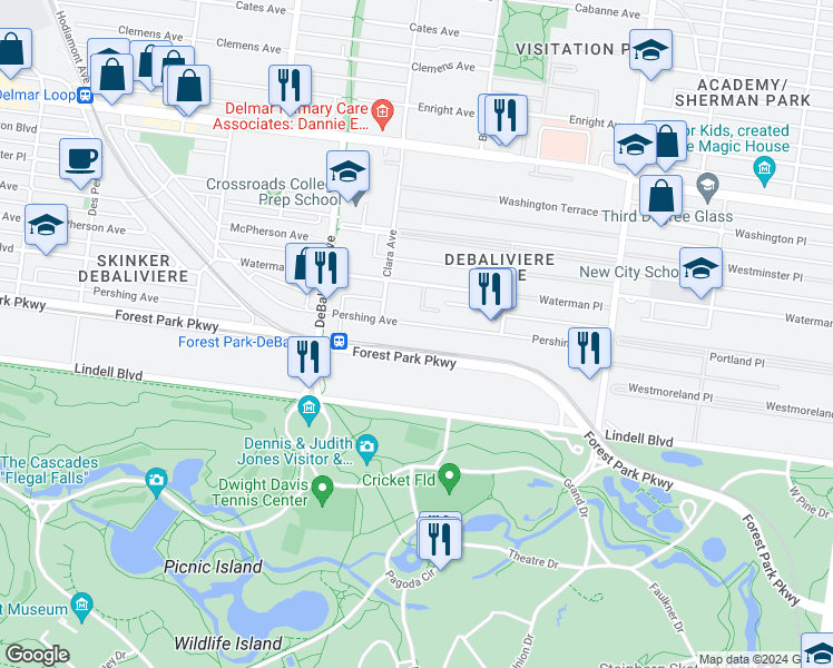 map of restaurants, bars, coffee shops, grocery stores, and more near 5574 Pershing Avenue in St. Louis