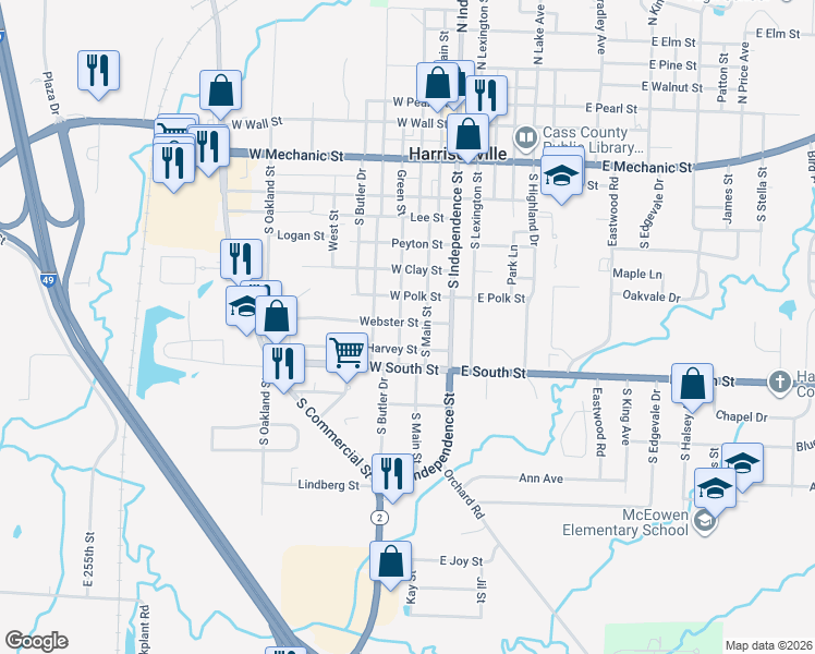 map of restaurants, bars, coffee shops, grocery stores, and more near 1106 Green Street in Harrisonville