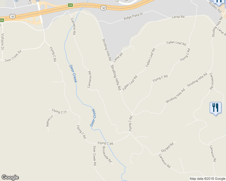 map of restaurants, bars, coffee shops, grocery stores, and more near 3134 Strolling Hills Road in Cameron Park