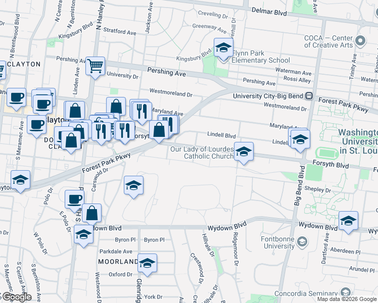map of restaurants, bars, coffee shops, grocery stores, and more near 7310 Forsyth Boulevard in St. Louis