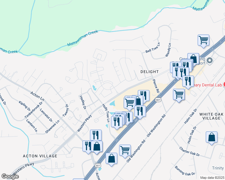 map of restaurants, bars, coffee shops, grocery stores, and more near 11900 Calico Woods Drive in Waldorf