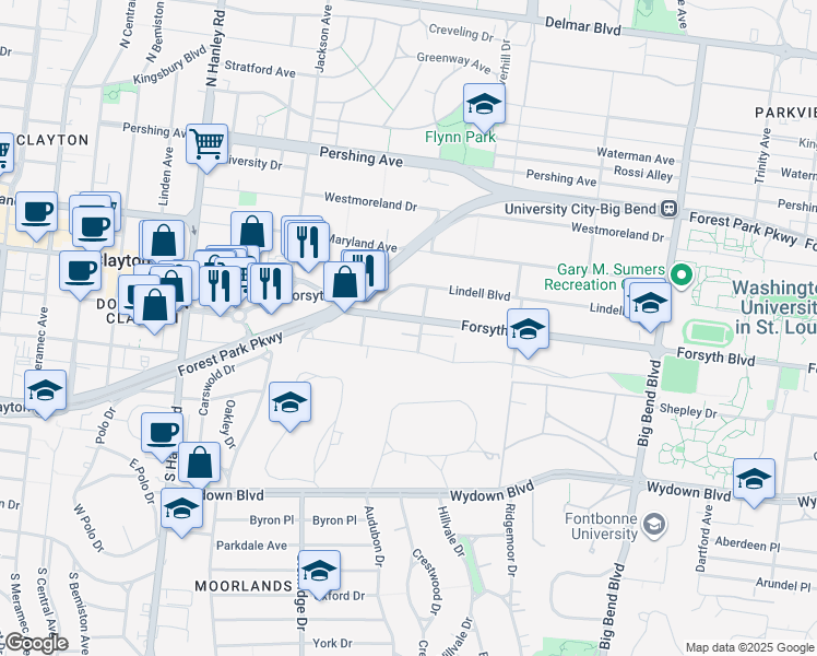 map of restaurants, bars, coffee shops, grocery stores, and more near 7307 Northmoor Drive in St. Louis