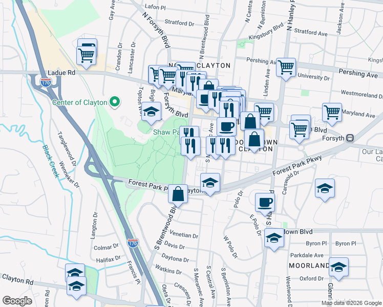map of restaurants, bars, coffee shops, grocery stores, and more near 8025 Bonhomme Avenue in Clayton