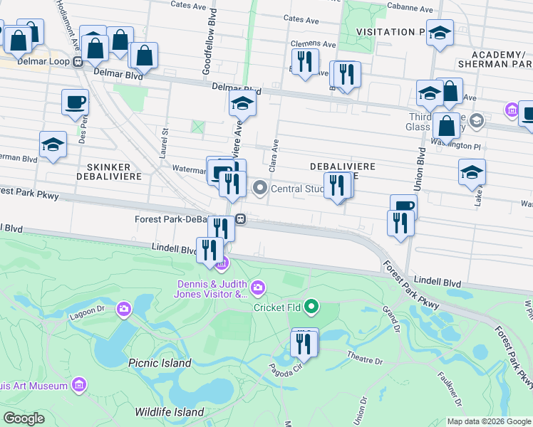 map of restaurants, bars, coffee shops, grocery stores, and more near 235 Union Boulevard in St. Louis